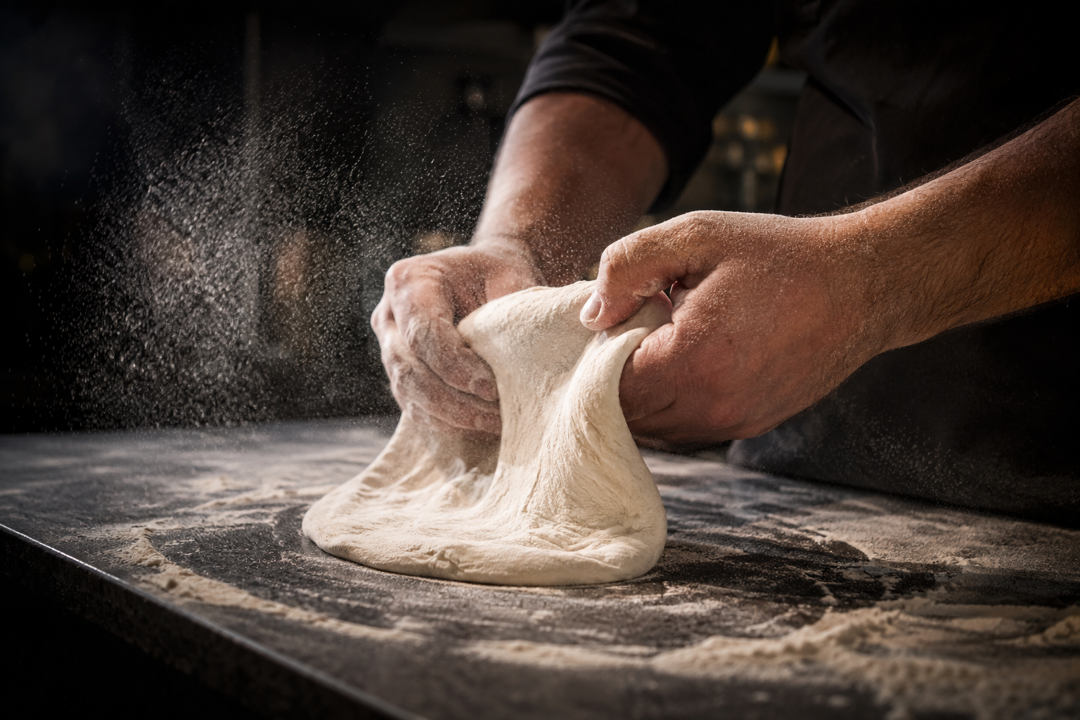 Manos de pizzaiolo trabajando una masa con harina