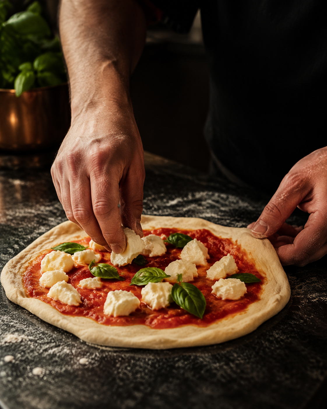 Manos de pizzaiolo preparando la pizza y colocando los ingredientes
